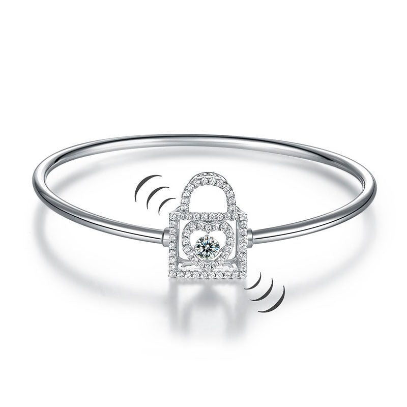 Heart Lock Dancing Stone Bangle Solid 925 Sterling Silver Good for Bridal Bridesmaid Gift XFB8011