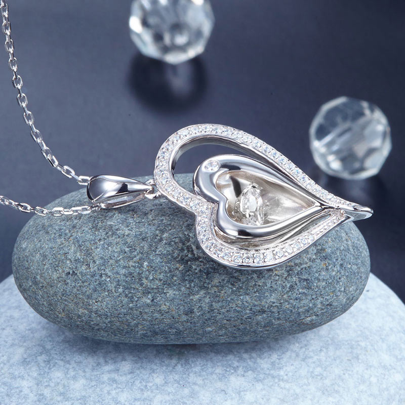 Dancing Stone Heart Pendant Necklace 925 Sterling Silver Good for Wedding Bridesmaid Gift XFN8047