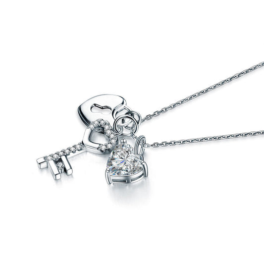 Love Heart Lock Key 925 Sterling Silver Pendant Necklace 1.5 Carat Simulated Diamond XFN8083