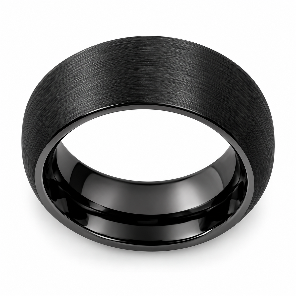 Black Brushed Finish Tungsten 8mm Wedding Band — topdown studio product view