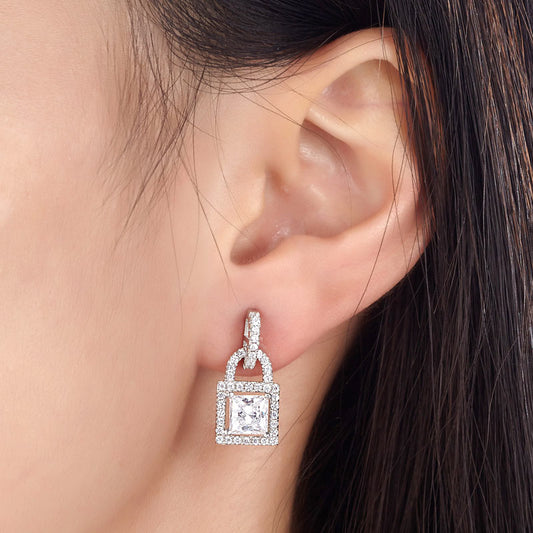 Simulated Diamond Dangle Drop Key Lock Sterling 925 Silver Earrings XFE8080