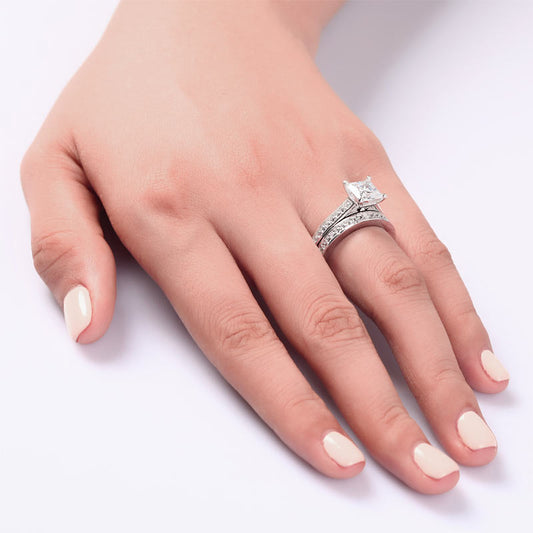 1.5 Carat Princess Cut Simulated Diamond 925 Sterling Silver 2-Pcs Wedding Engagement Ring Set XFR8009S