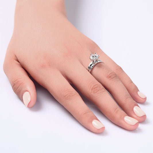 Sterling 925 Silver 1.25 Carat Simulated Diamond 2-Pc Ring Set 6 Claws XFR8031