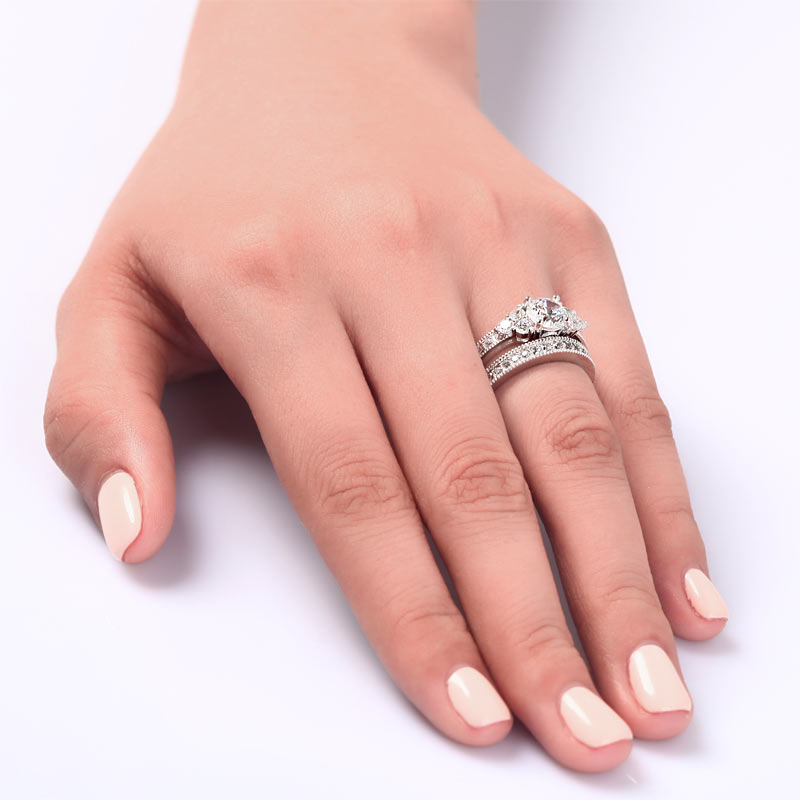 Vintage Style 1 Carat Simulated Diamond Solid Sterling 925 Silver 2-Pc Wedding Engagement Ring Set XFR8102