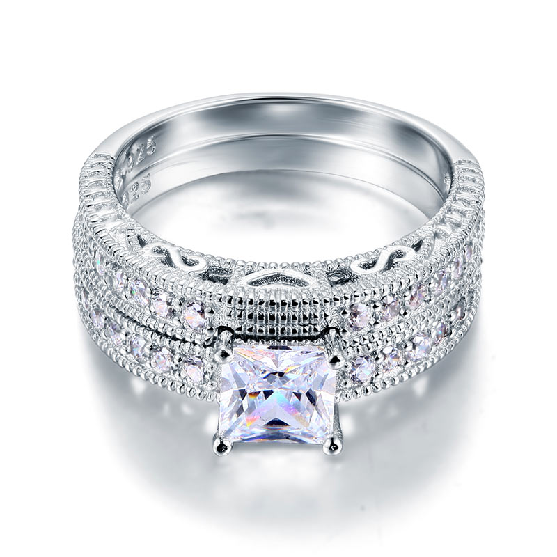 Vintage Style Victorian Art Deco 1 Carat Simulated Diamond Solid Sterling 925 Silver 2-Pc Wedding Engagement Ring Set XFR8104