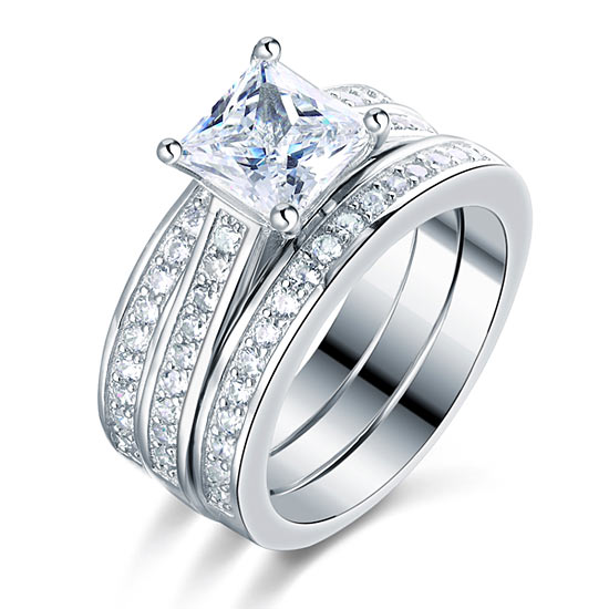 925 Sterling Silver 3 Pcs Wedding Engagement Ring Set Simulated Diamond XFR8197