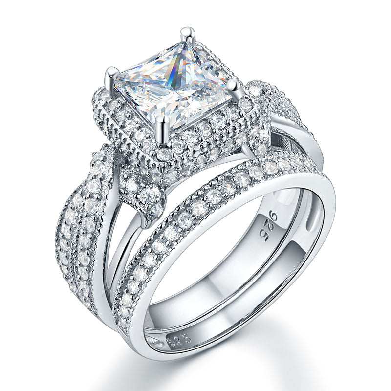 Solid 925 Sterling Silver Wedding Anniversary Engagement Ring Set Vintage Style Princess XFR8234