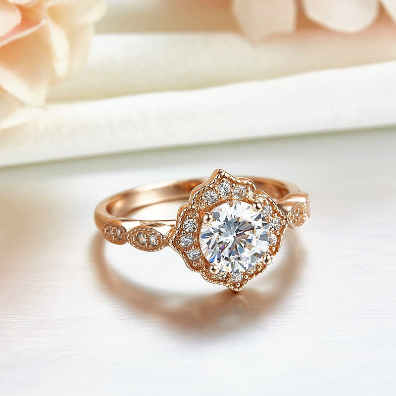 Vintage Style Art Deco Ring Solid 925 Sterling Silver Rose Gold Plated 1 Carat XFR8330