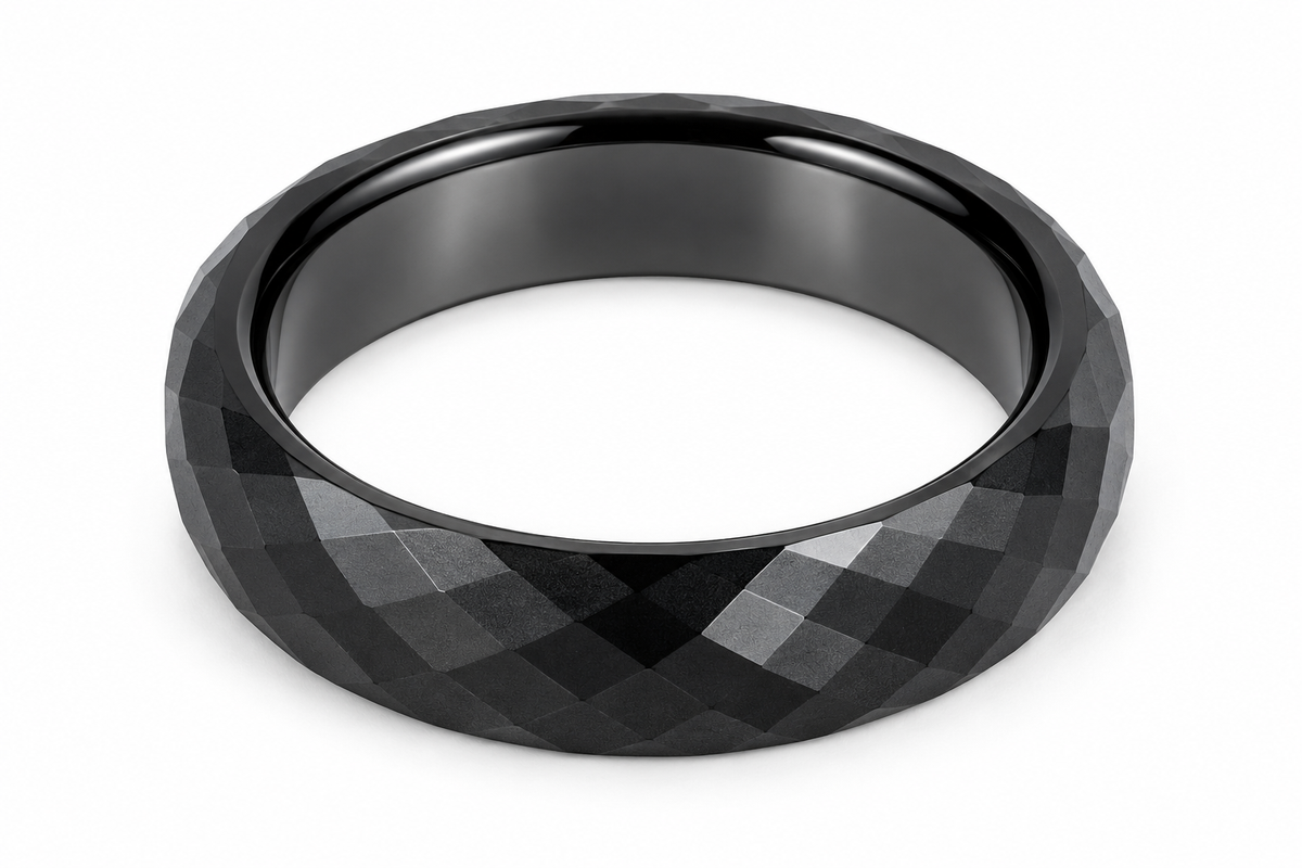 Black Tungsten Carbide 6mm Polished Wedding Band for Men — topdown studio product view