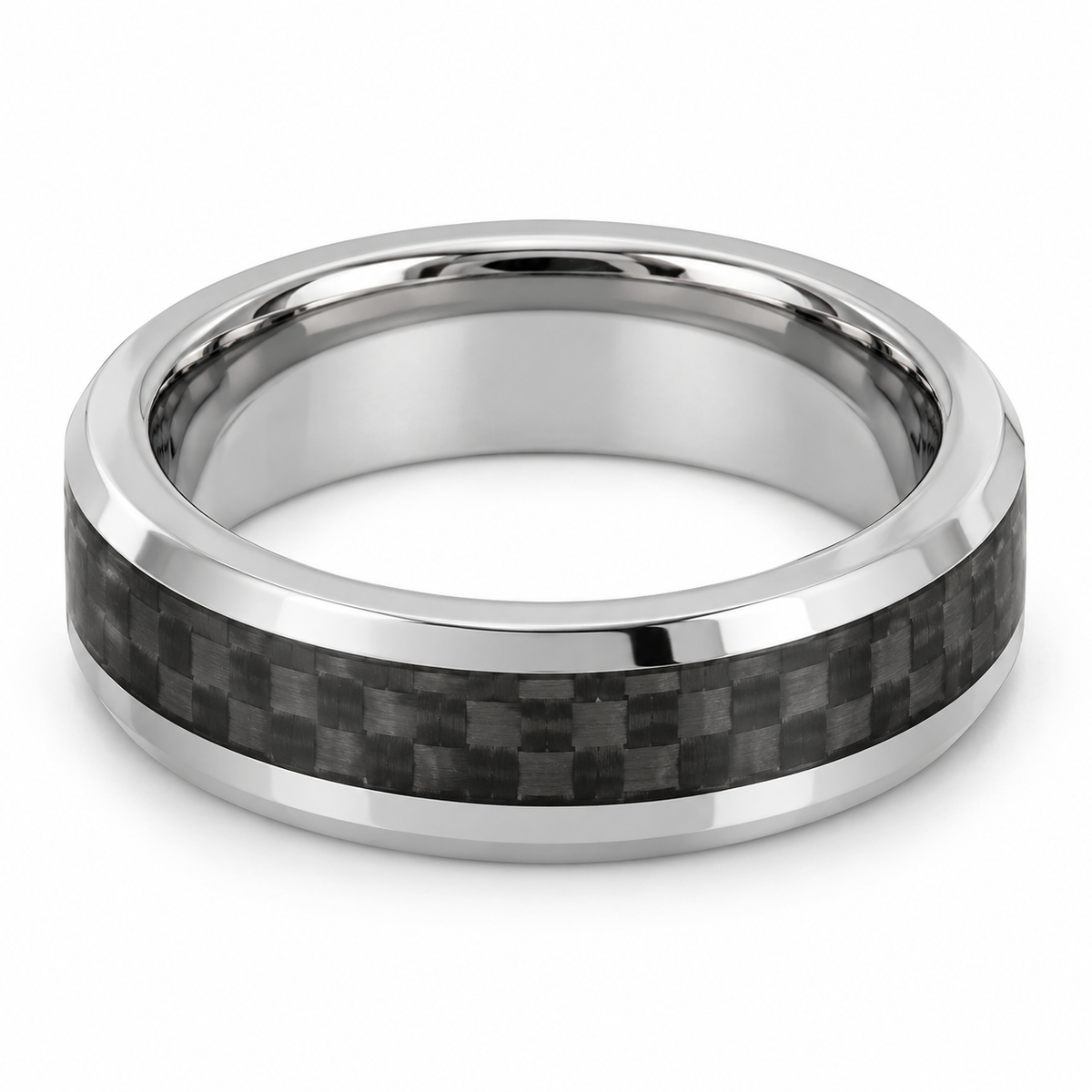 Polished Silver with Carbon Fiber Inlay Tungsten 6mm Wedding Band - Style 2 — topdown studio product view