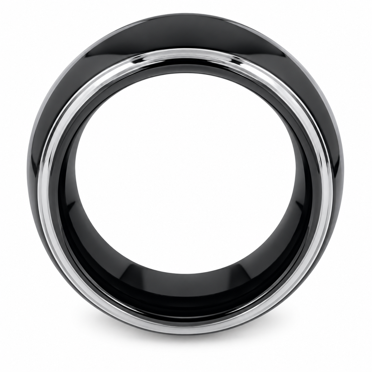 Black Polished Finish with Silver Edge Tungsten 8mm Engagement Ring — topdown alternate product view