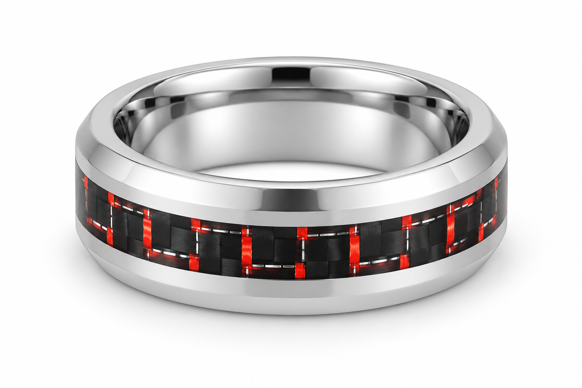 Polished Silver with Red Carbon Fiber Tungsten 8mm Promise Ring — topdown studio product view
