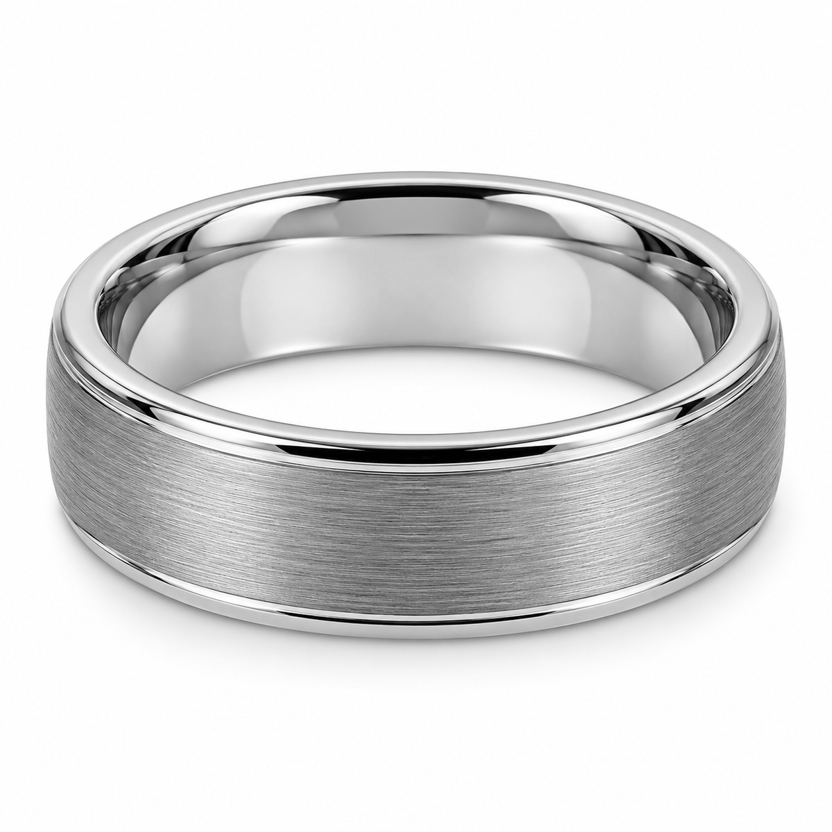 Silver Brushed Center, Polished Edges Tungsten 8mm Wedding Band - Style 2 — topdown studio product view