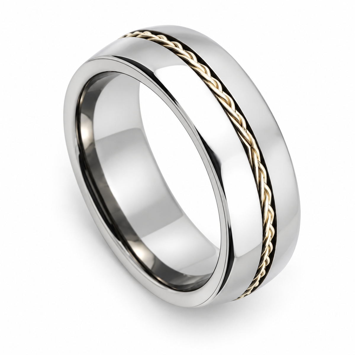 Polished Silver with Gold Braid Tungsten 8mm Wedding Band — topdown studio product view
