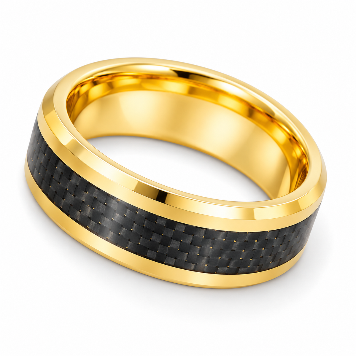 Gold Polished with Carbon Fiber Inlay Tungsten 8mm Wedding Band — topdown studio product view