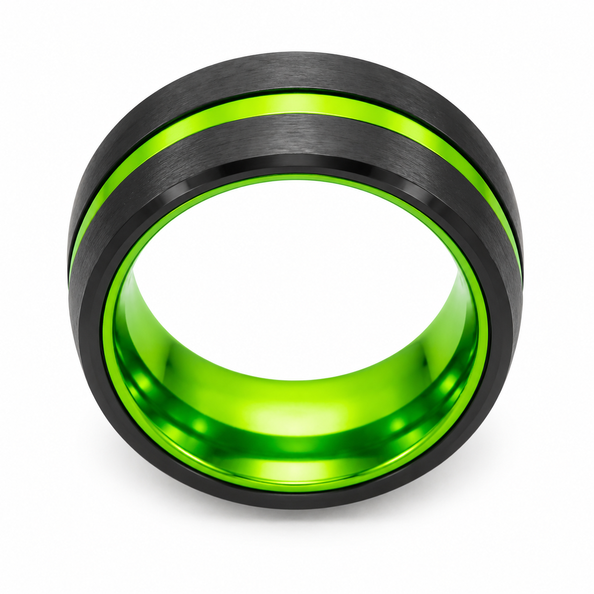 Black Matte with Green Inlay Tungsten 8mm Wedding Band — topdown studio product view