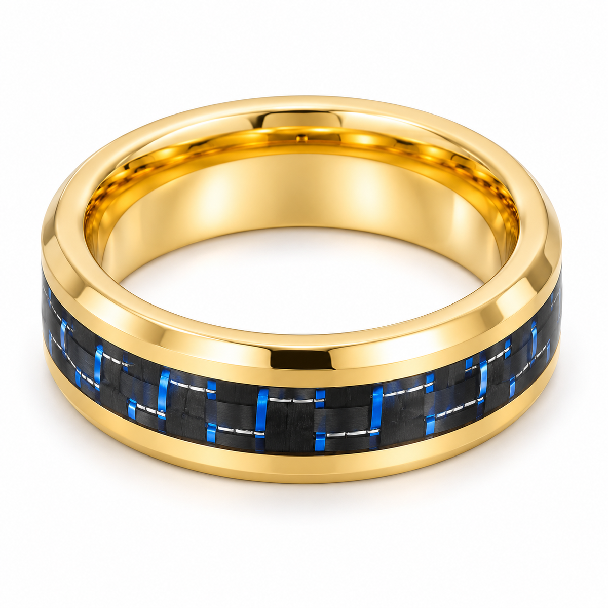 Gold Polished with Blue Carbon Fiber Inlay Tungsten 8mm Wedding Band — topdown studio product view