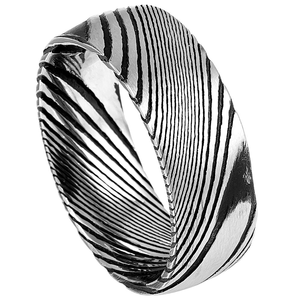 Damascus Steel 8mm Domed Polished Wedding Band — Damascus steel 8mm wedding band