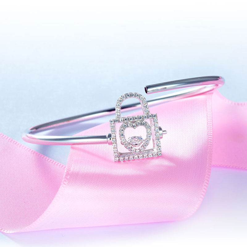 Heart Lock Dancing Stone Bangle Solid 925 Sterling Silver Good for Bridal Bridesmaid Gift XFB8011