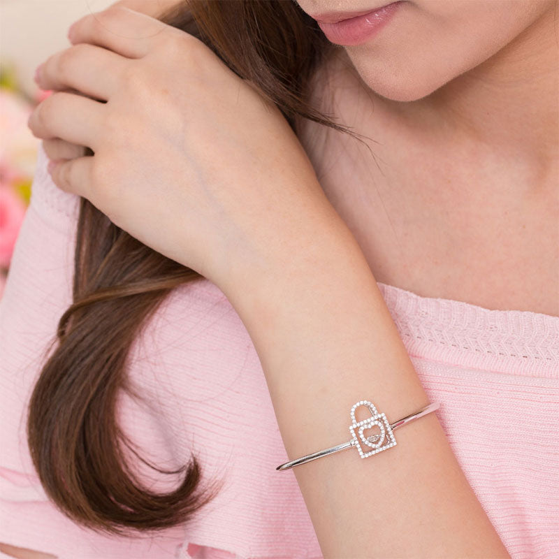 Heart Lock Dancing Stone Bangle Solid 925 Sterling Silver Good for Bridal Bridesmaid Gift XFB8011