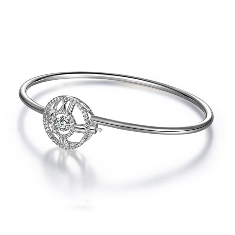 Roman Number Dancing Stone Bangle Solid 925 Sterling Silver for Women XFB8012