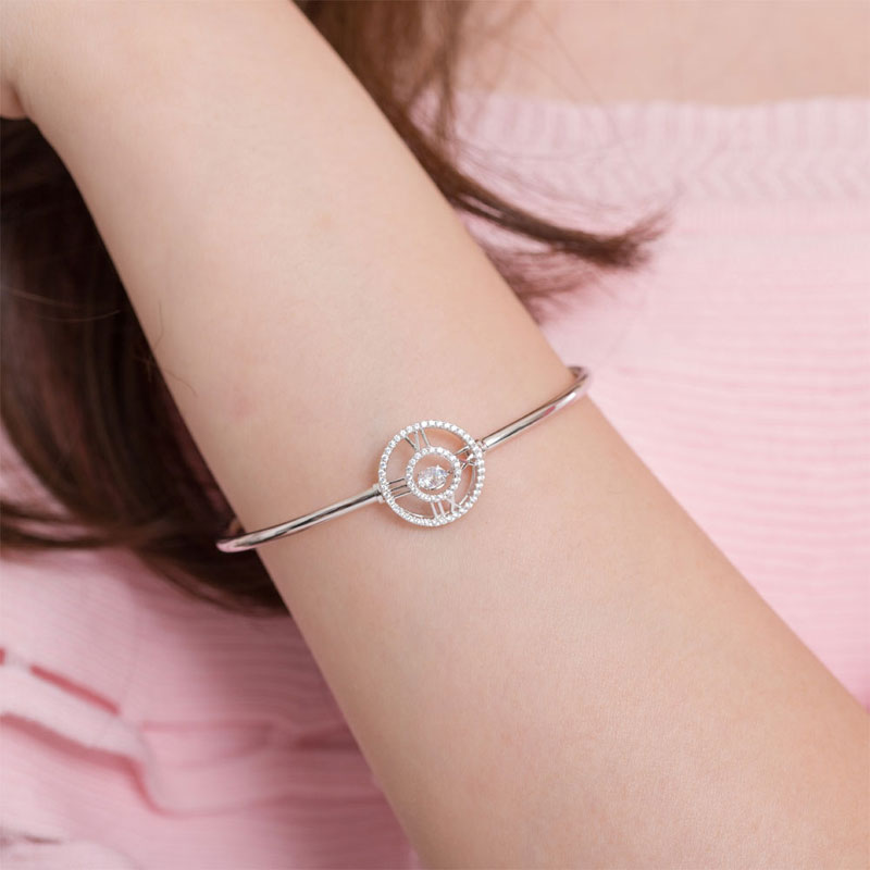 Roman Number Dancing Stone Bangle Solid 925 Sterling Silver for Women XFB8012