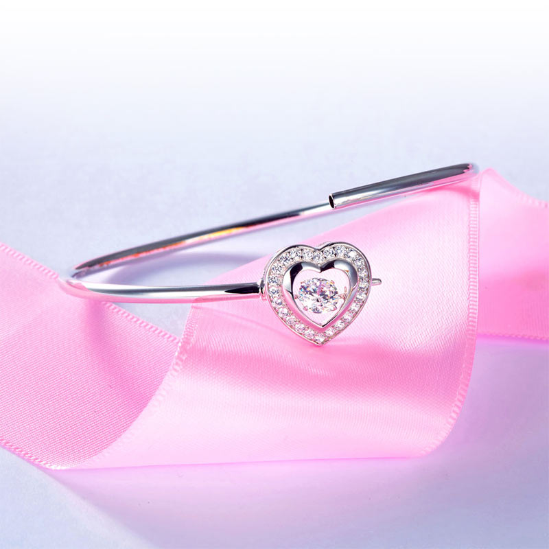 Dancing Stone Heart Bangle Solid 925 Sterling Silver Bridal Wedding XFB8014