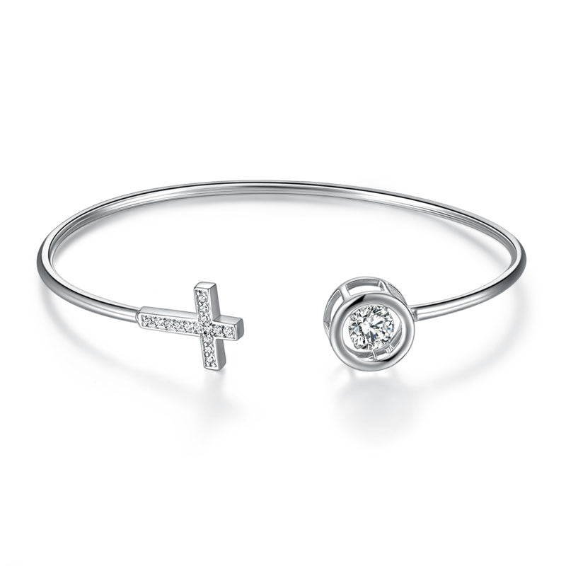 Dancing Stone Cross Bangle Solid 925 Sterling Silver Bridal Wedding XFB8015