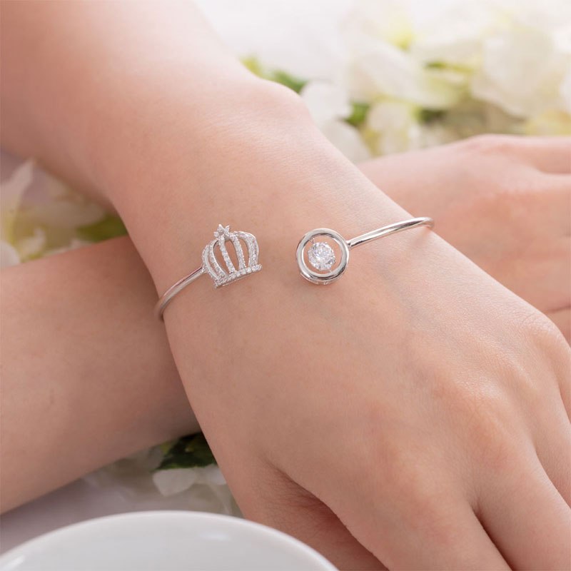 Dancing Stone Crown Bangle Solid 925 Sterling Silver Bridal Wedding XFB8017