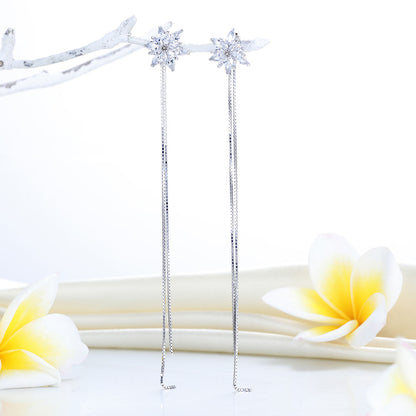 Long Elegant Solid 925 Sterling Silver Earrings Flowers Simulated Diamonds XFE8159