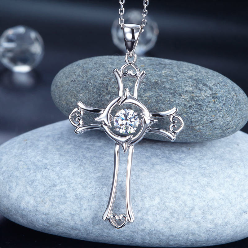 Dancing Stone Heart Cross Pendant Necklace 925 Sterling Silver XFN8049