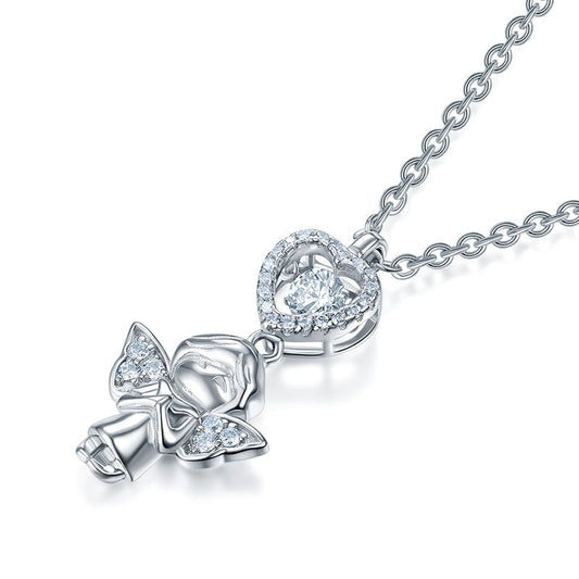 Angel Heart Dancing Stone Kids Girl Pendant Necklace Solid 925 Sterling Silver Children Jewelry XFN8068