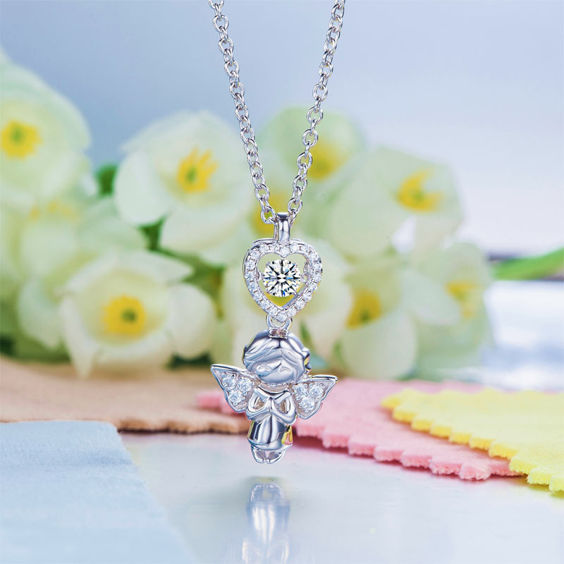 Angel Heart Dancing Stone Kids Girl Pendant Necklace Solid 925 Sterling Silver Children Jewelry XFN8068