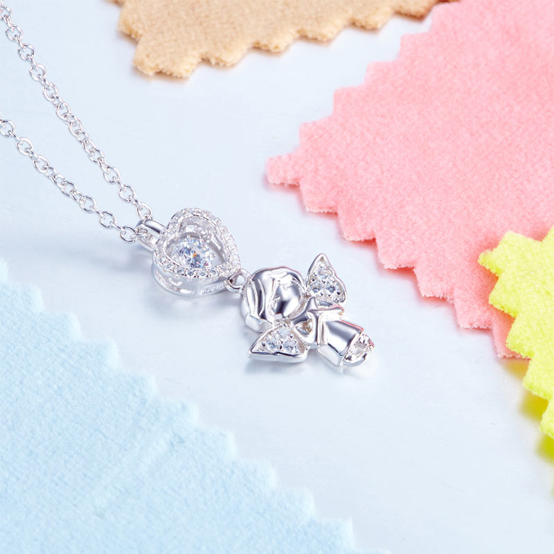 Angel Heart Dancing Stone Kids Girl Pendant Necklace Solid 925 Sterling Silver Children Jewelry XFN8068