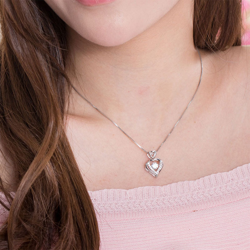 Double Heart Dancing Stone Pendant Necklace 925 Sterling Silver Good for Wedding Bridesmaid Gift XFN8079