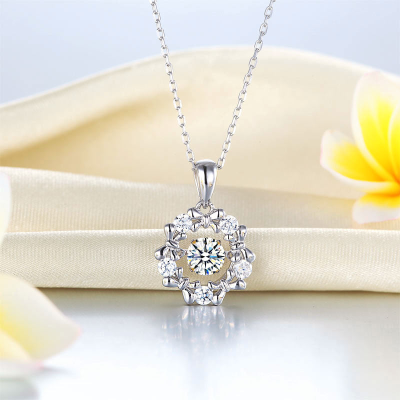 Dancing Stone Pendant Necklace 925 Sterling Silver Ribbon Flower XFN8089