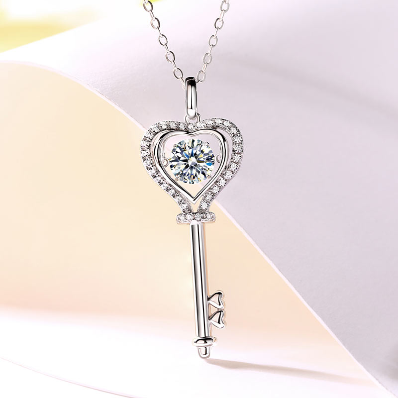 1 Carat Moissanite Diamond Dancing Stone Key Necklace 925 Sterling Silver MFN8138