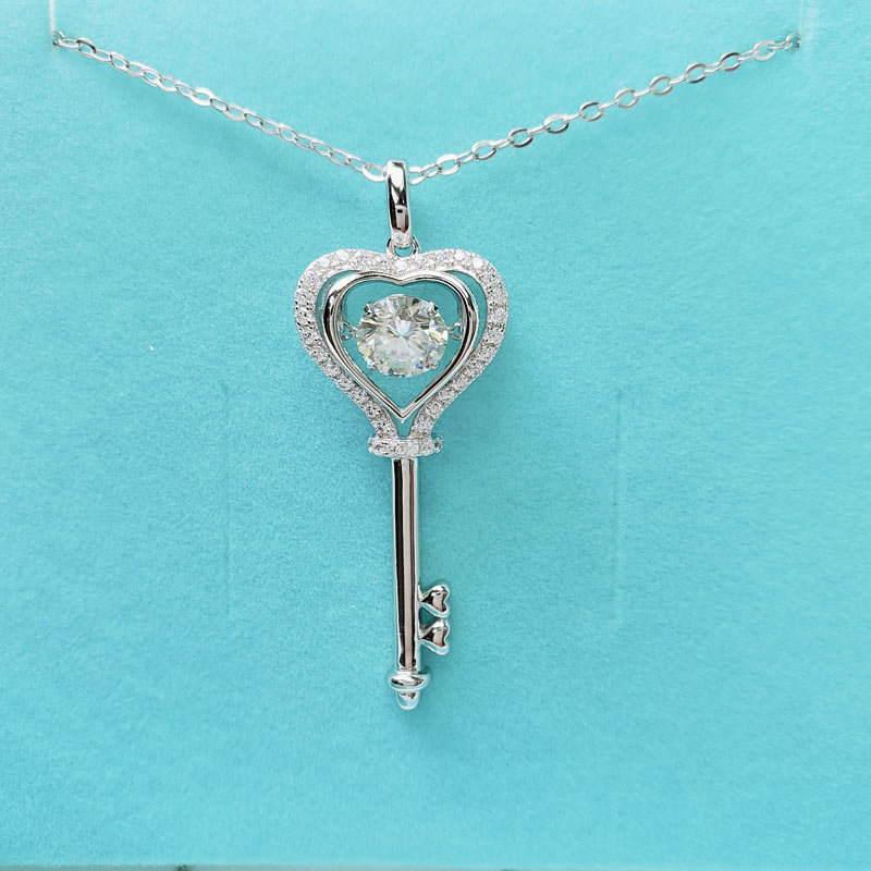 1 Carat Moissanite Diamond Dancing Stone Key Necklace 925 Sterling Silver MFN8138