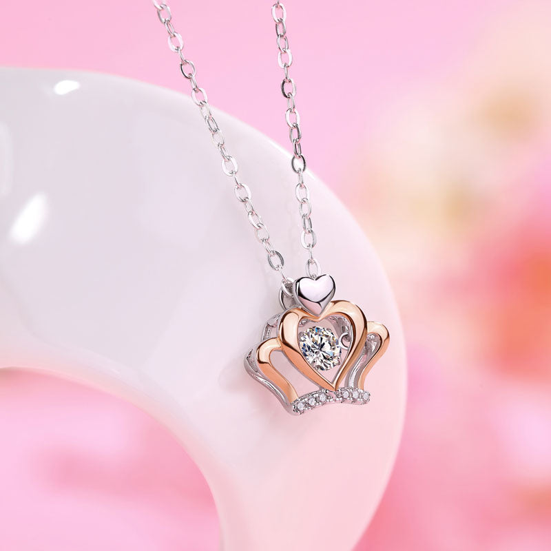 0.3 Carat Moissanite Diamond Dancing Stone Heart Crown Necklace 925 Sterling Silver MFN8145