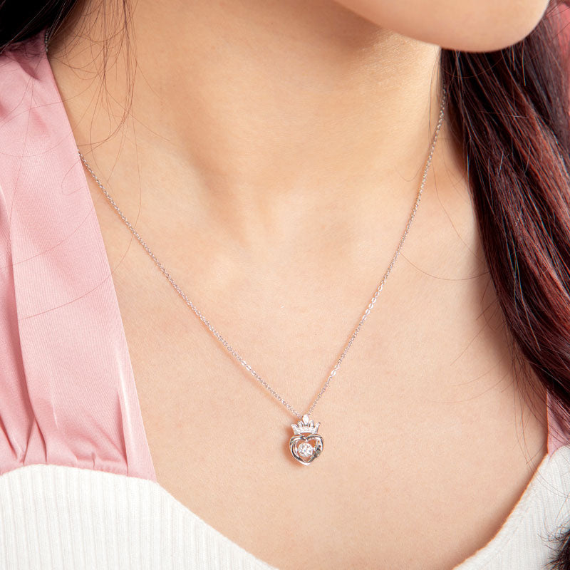 0.4 Carat Moissanite Diamond Dancing Stone Heart Crown Necklace 925 Sterling Silver MFN8147