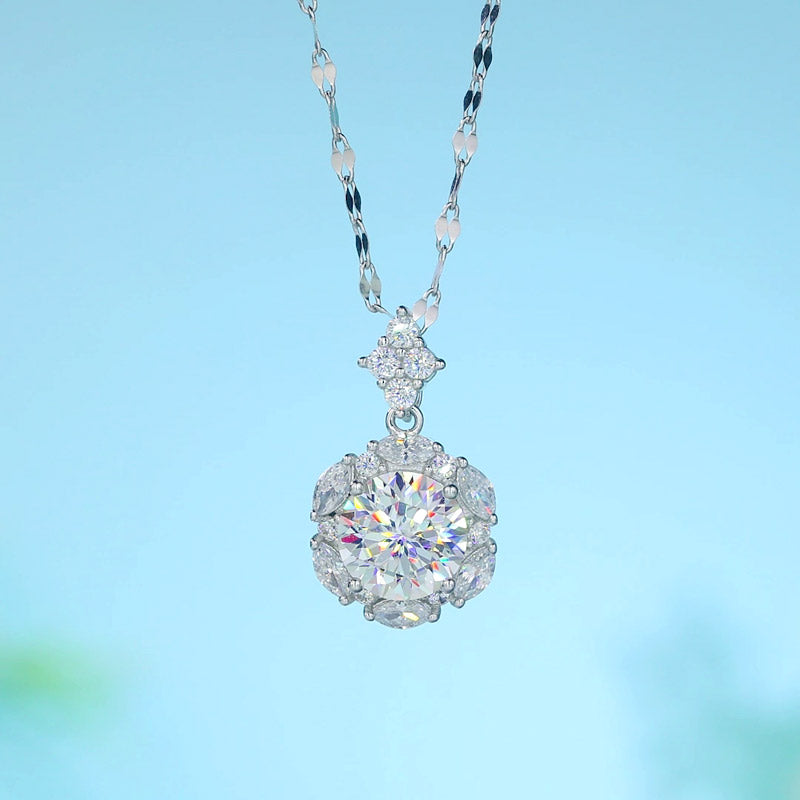2 Carats Moissanite Diamond Flower Pendant Necklace 925 Sterling Silver MFN8156