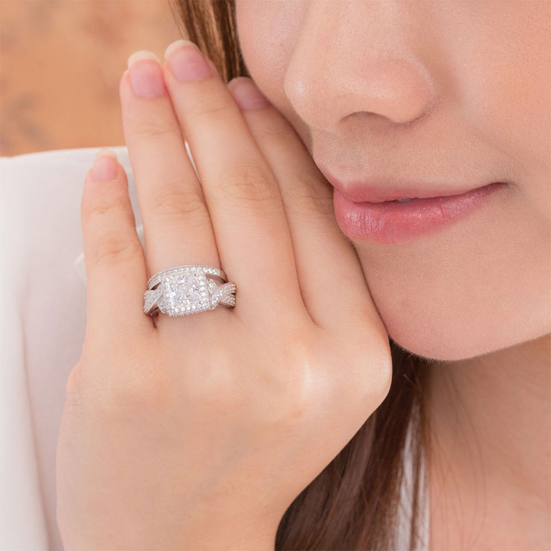 Solid 925 Sterling Silver Wedding Anniversary Engagement Ring Set Vintage Style Princess XFR8234