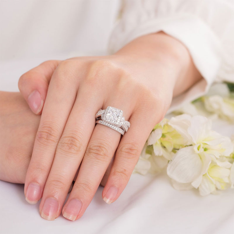 Solid 925 Sterling Silver Wedding Anniversary Engagement Ring Set Vintage Style Princess XFR8234