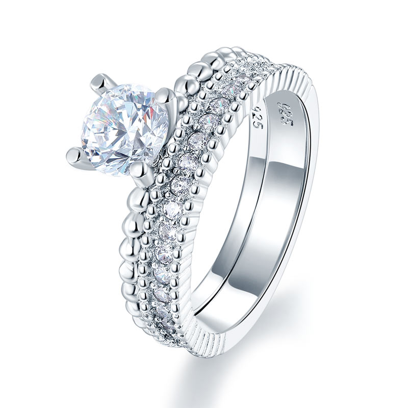 Solid 925 Sterling Silver 2-Pcs Wedding Engagement Ring Set 1 Ct Simulated Diamante Jewelry XFR8276