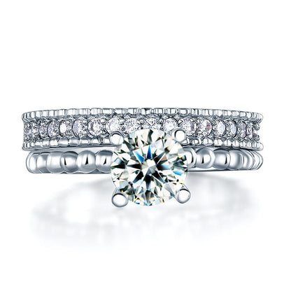 Solid 925 Sterling Silver 2-Pcs Wedding Engagement Ring Set 1 Ct Simulated Diamante Jewelry XFR8276