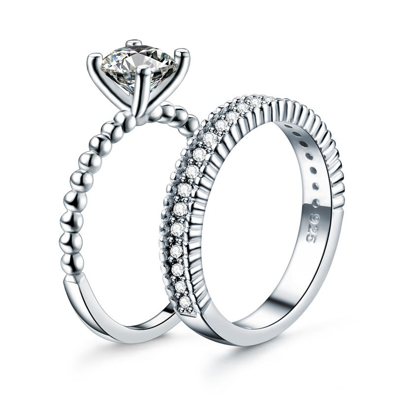 Solid 925 Sterling Silver 2-Pcs Wedding Engagement Ring Set 1 Ct Simulated Diamante Jewelry XFR8276