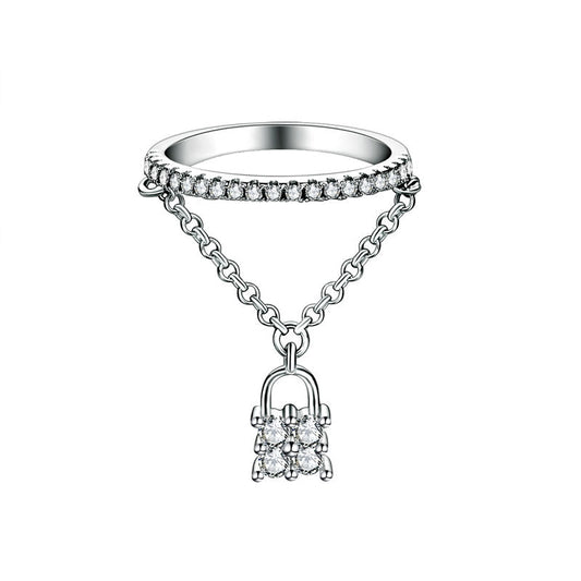 Solid 925 Sterling Silver Band Ring Dangle Purse Sparkling Simulated Diamond for Lady Trendy Stylish XFR8280