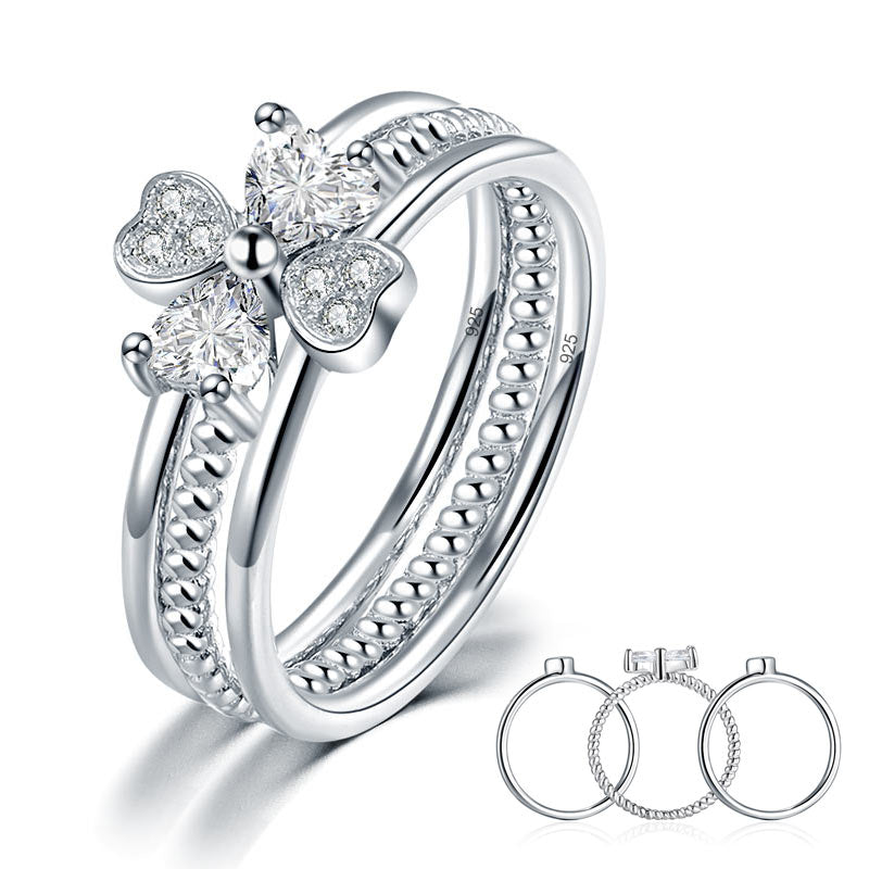 Solid 925 Sterling Silver Ring Set 3-Pcs Set Heart Love Jewelry XFR8299