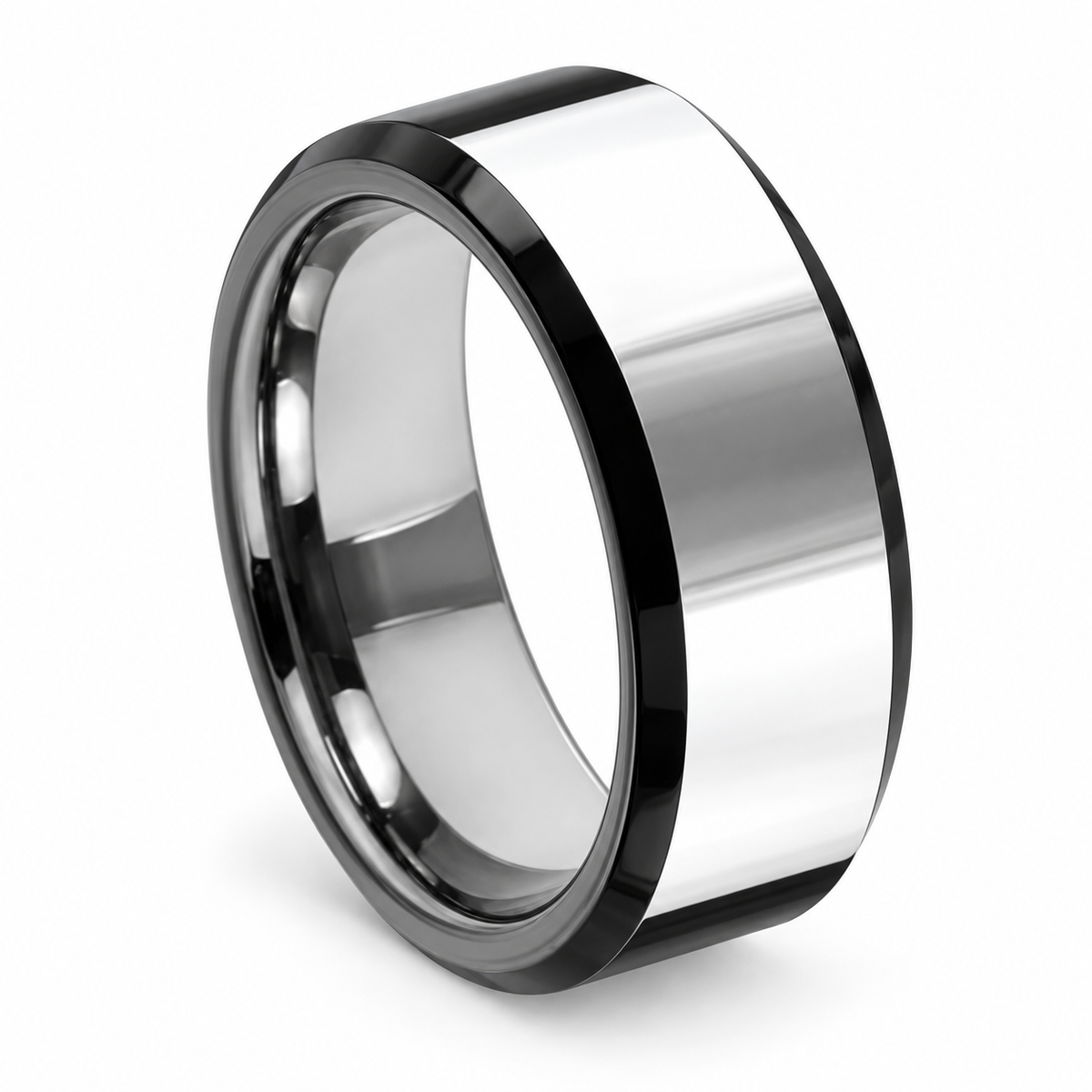 Silver Polished Finish with Black Edges Tungsten 8mm Engagement Ring — angled studio product view