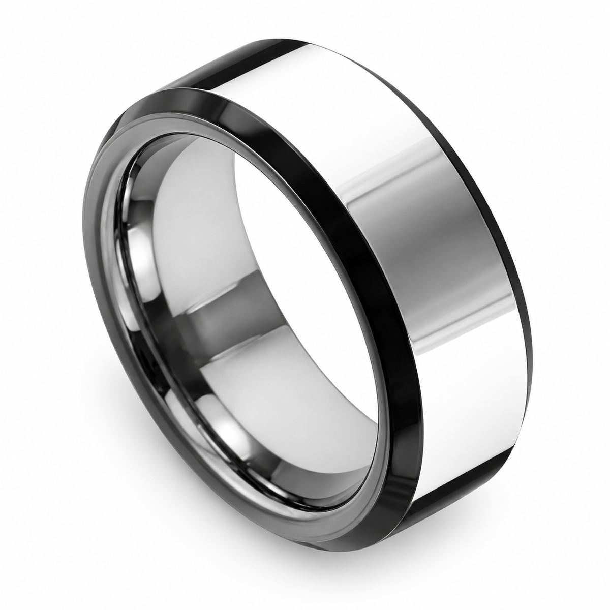 Silver Polished Finish with Black Edges Tungsten 8mm Engagement Ring — topdown studio product view